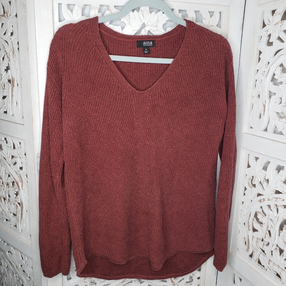 Ana Burgundy Gold Sparkle Knit Long Sleeve Shirt